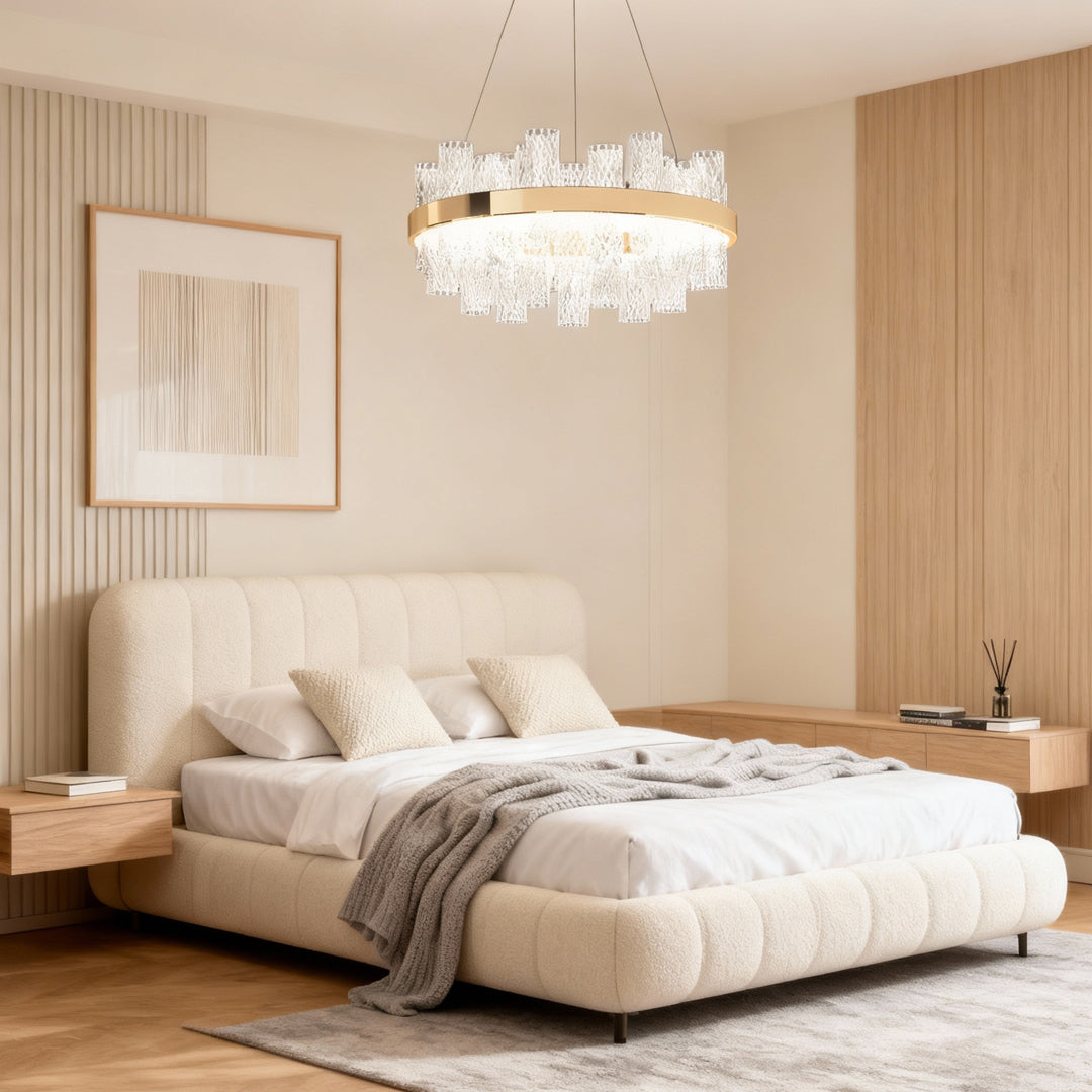 LED chandelier in a bedroom with warm wood panelling
