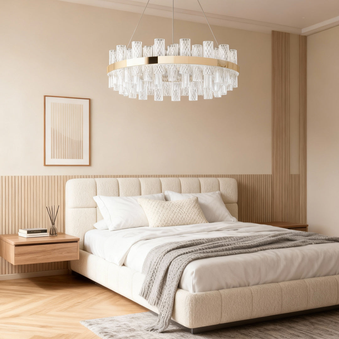 LED chandelier in an elegant bedroom with a tufted bed