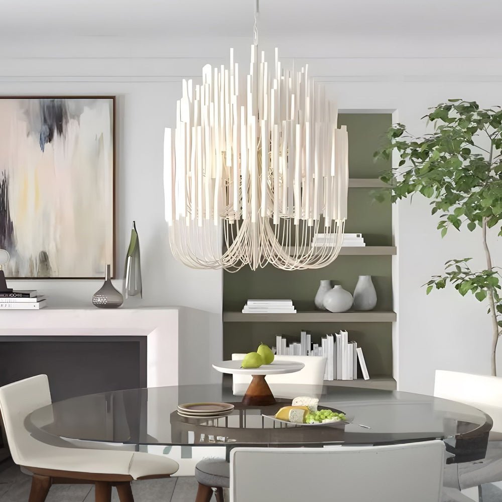 Candlestick Chandelier, White Wood and Iron Ceiling Light for Dining Room, Adjustable Chain