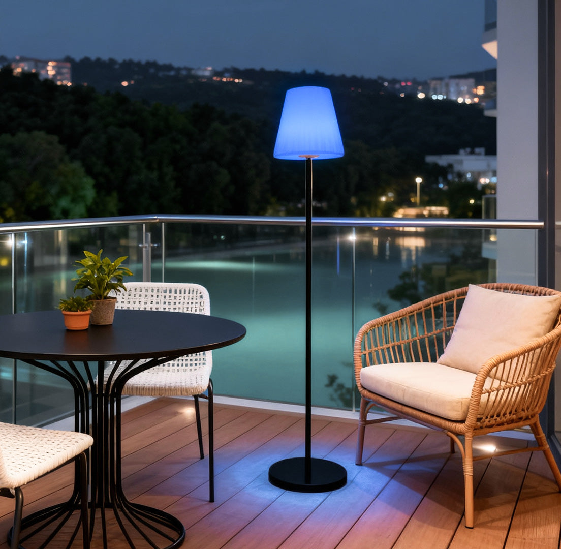 Outdoor Floor Lamp, Modern Metal and PE Cone Solar Light for Patio and Deck Lounge Areas, 12W LED with Warm White and RGB Modes