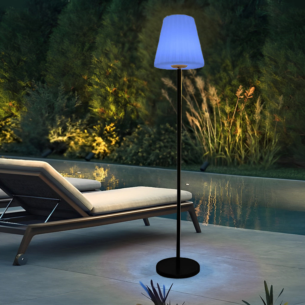 Outdoor Floor Lamp, Modern Metal and PE Cone Solar Light for Patio and Deck Lounge Areas, 12W LED with Warm White and RGB Modes