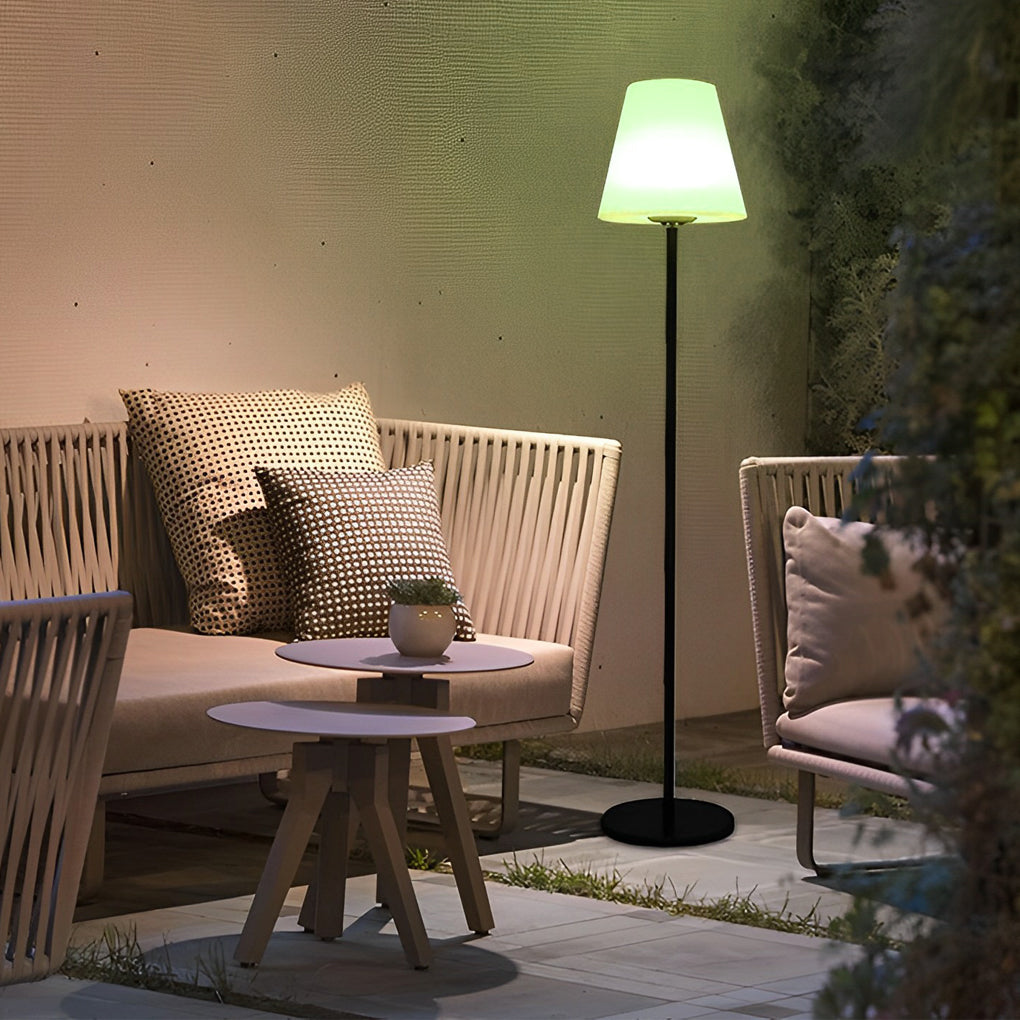 Outdoor Floor Lamp, Modern Metal and PE Cone Solar Light for Patio and Deck Lounge Areas, 12W LED with Warm White and RGB Modes