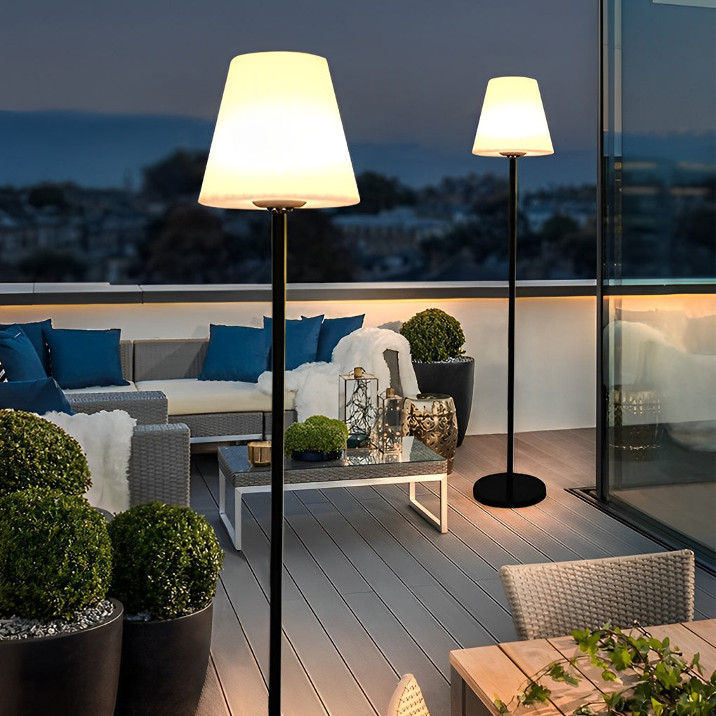 Outdoor Floor Lamp, Modern Metal and PE Cone Solar Light for Patio and Deck Lounge Areas, 12W LED with Warm White and RGB Modes
