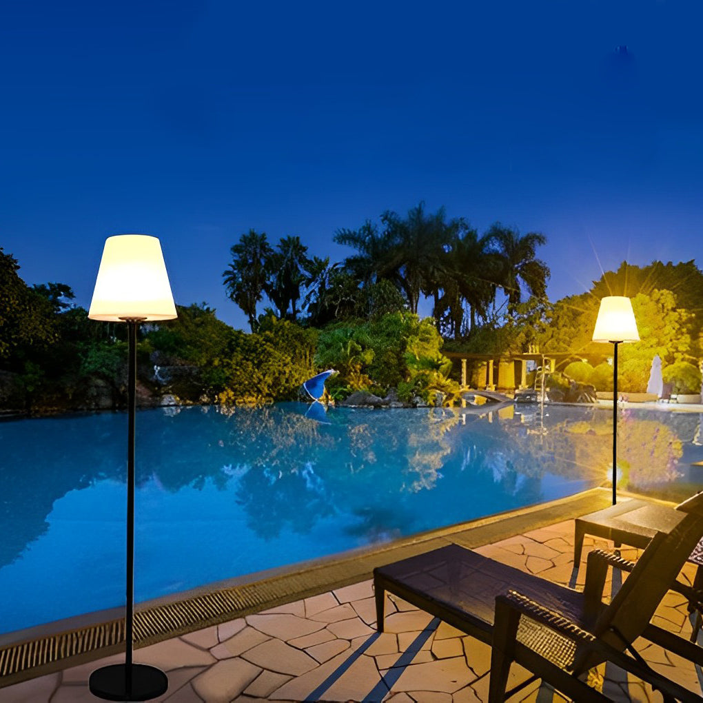 Outdoor Floor Lamp, Modern Metal and PE Cone Solar Light for Patio and Deck Lounge Areas, 12W LED with Warm White and RGB Modes