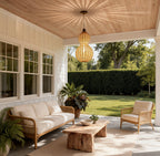 Woven rattan gourd pendant light hanging on a covered patio