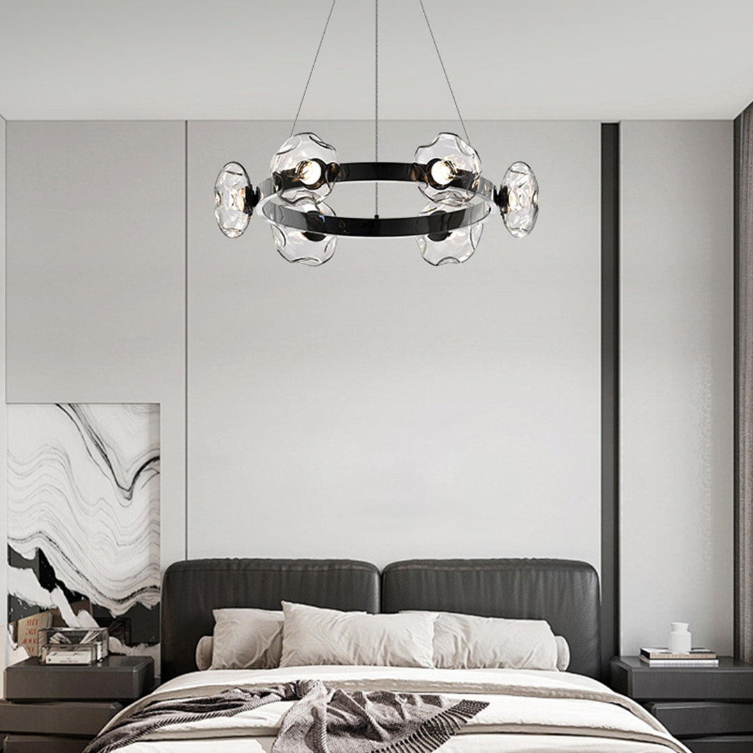 Ring chandelier hanging in a contemporary bedroom