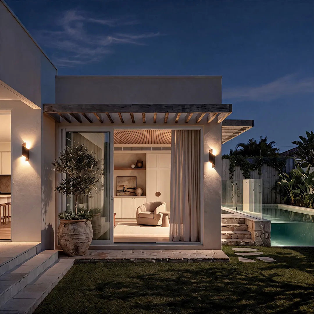 Spiral wall light mounted on a contemporary outdoor patio