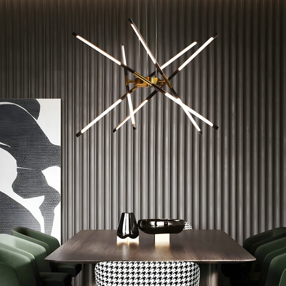 Linear sputnik LED chandelier in gold and black, third view