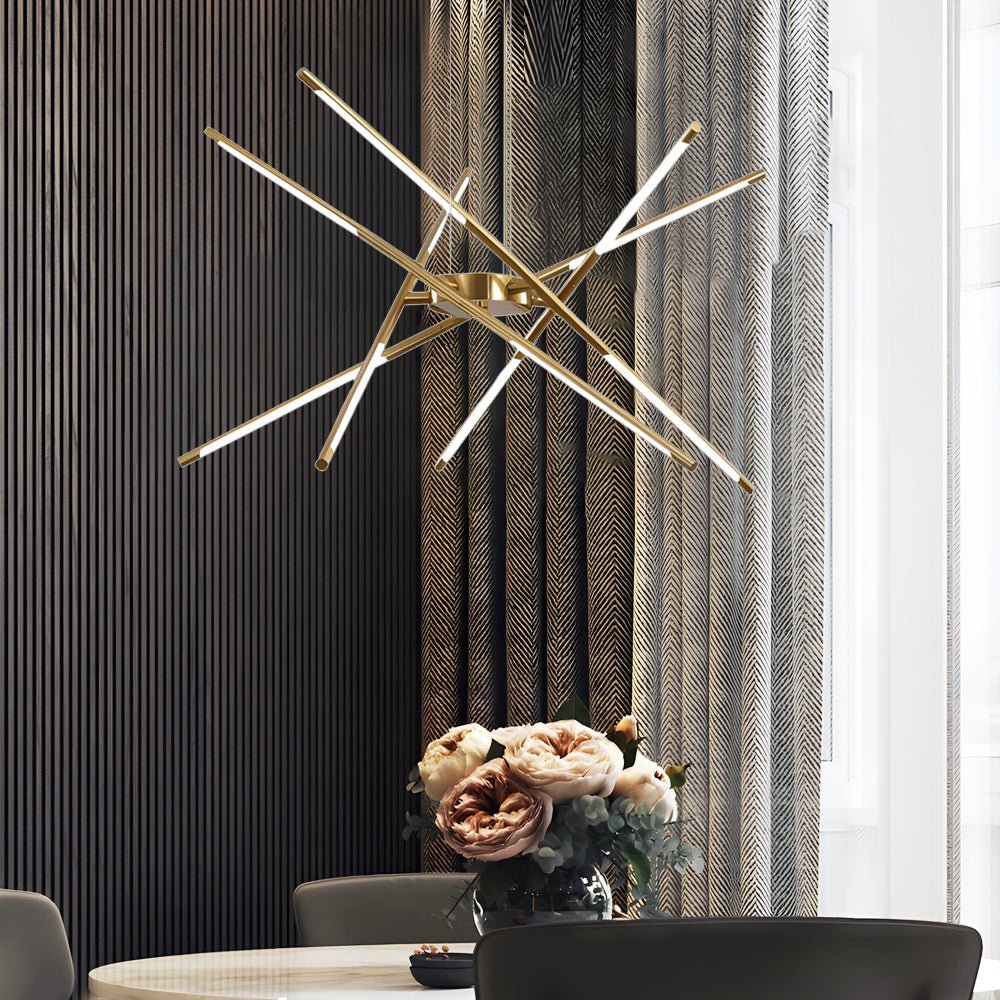 Linear sputnik LED chandelier in gold and black, seventh view