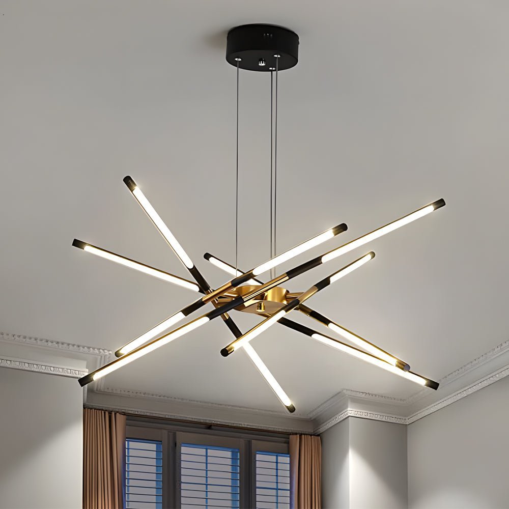 Linear sputnik LED chandelier in gold and black, fourth view