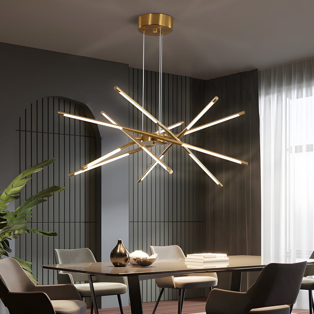 Linear sputnik LED chandelier in gold and black, eighth view