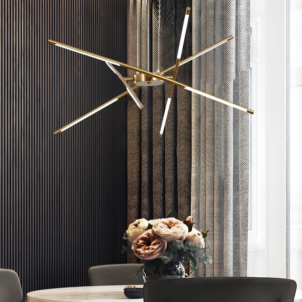 Linear sputnik LED chandelier in gold and black, sixth view