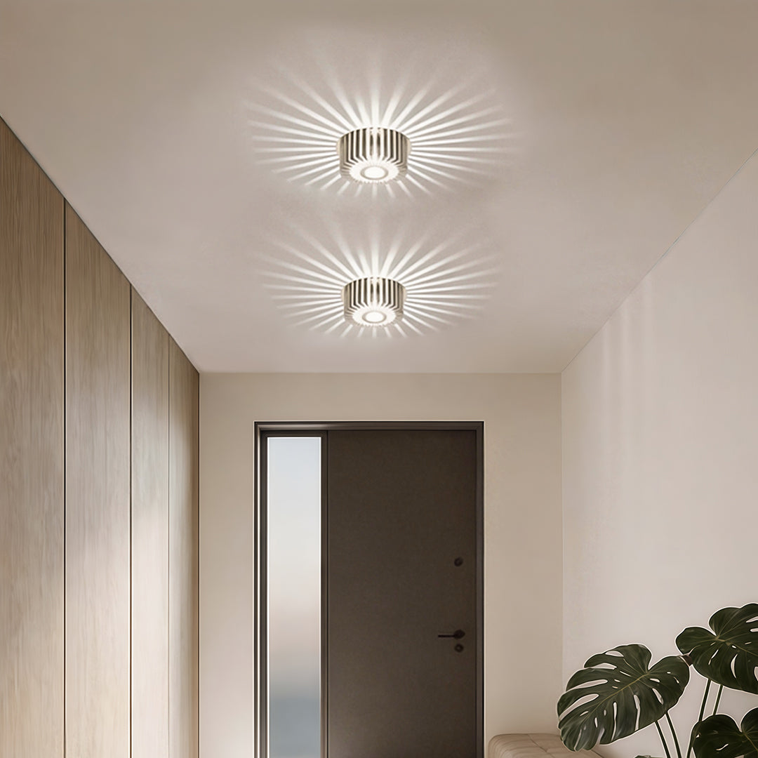 Sunburst Ceiling Light, Modern Metal Embedded LED Fixture for Living Room and Bedroom, Sculptural Design in White, Purple, or Blue