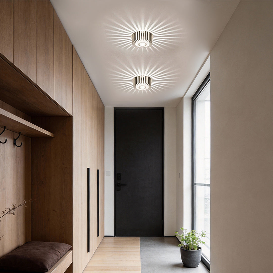 Sunburst Ceiling Light, Modern Metal Embedded LED Fixture for Living Room and Bedroom, Sculptural Design in White, Purple, or Blue