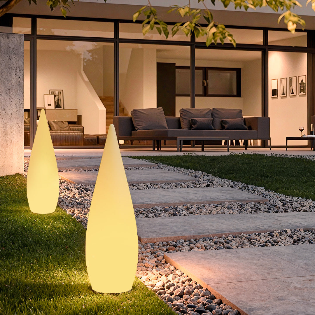 Teardrop Outdoor Floor Lamp, Modern Sculptural LED Landscape Light for Gardens and Terraces, Solar, Hardwired or Battery Powered