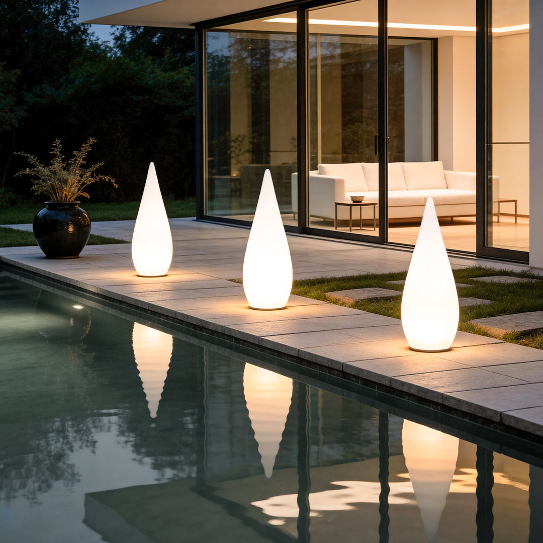 Teardrop Outdoor Floor Lamp, Modern Sculptural LED Landscape Light for Gardens and Terraces, Solar, Hardwired or Battery Powered