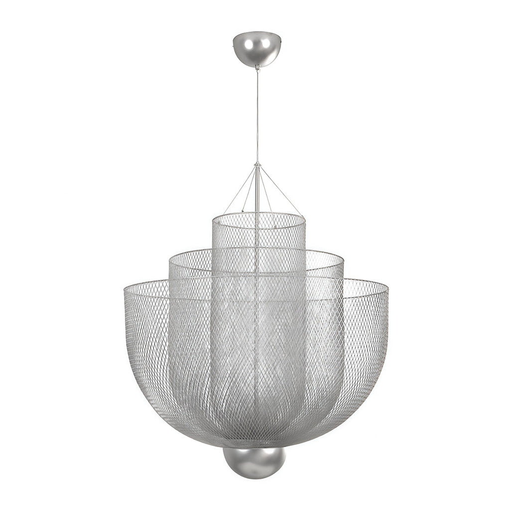 Tiered silver mesh chandelier isolated on a plain white background