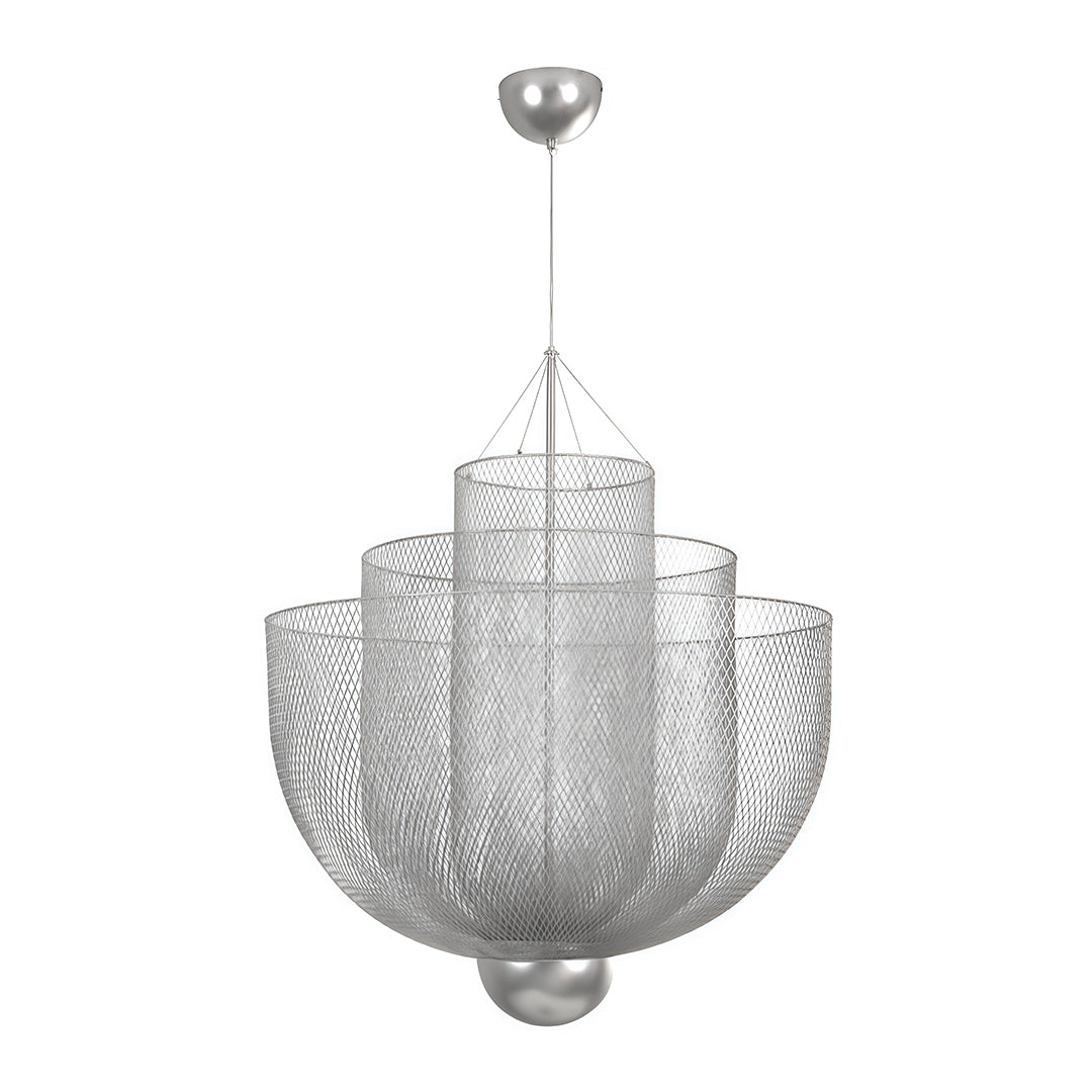 Tiered silver mesh chandelier isolated on a plain white background