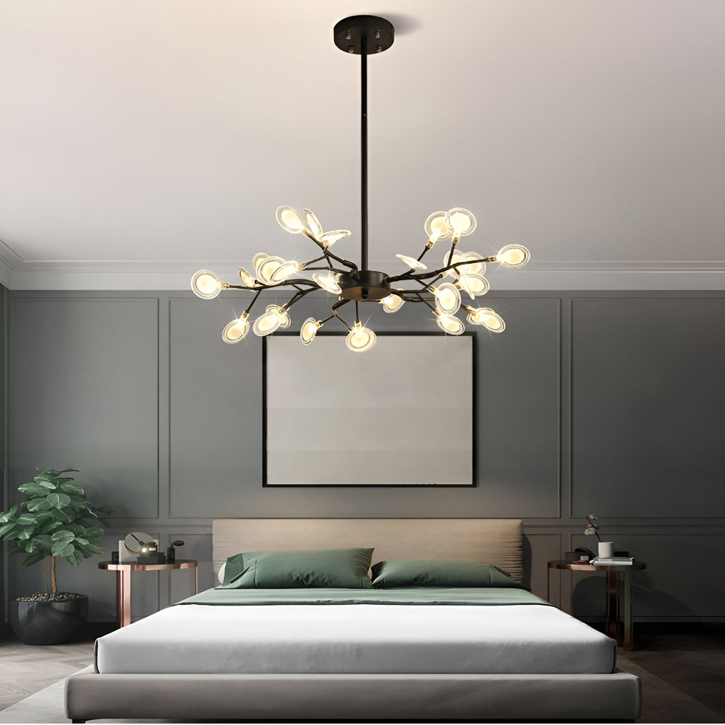 Artistic branch chandelier in a contemporary bedroom