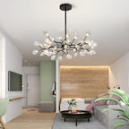 Branch chandelier giving a gentle glow in a modern bedroom