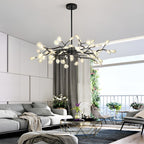 Branch chandelier giving warm light in a modern dining area
