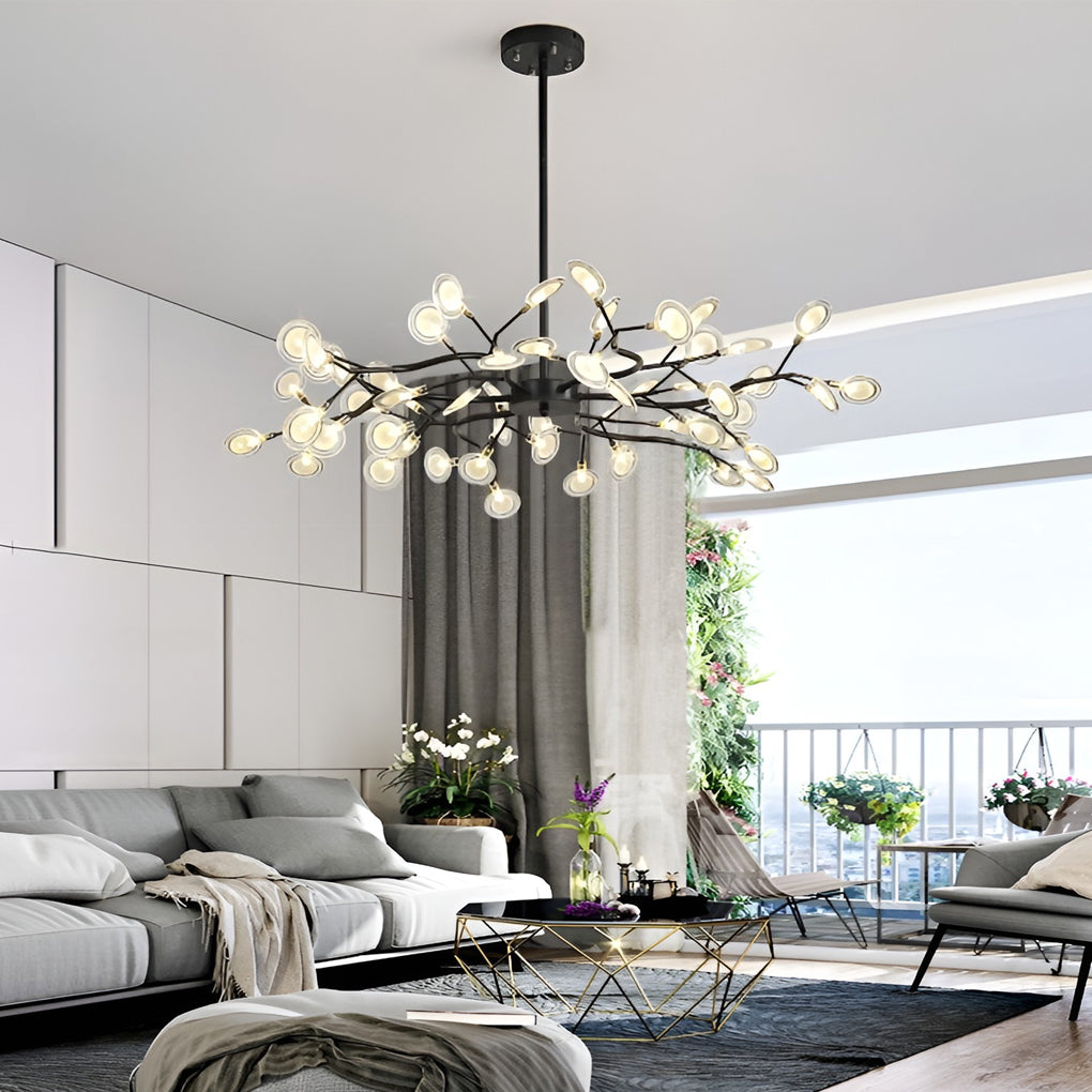 Branch chandelier giving warm light in a modern dining area
