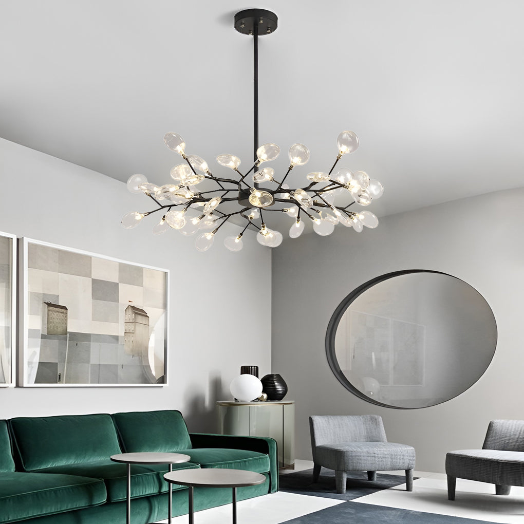 Branch chandelier in a living room with minimalist decor