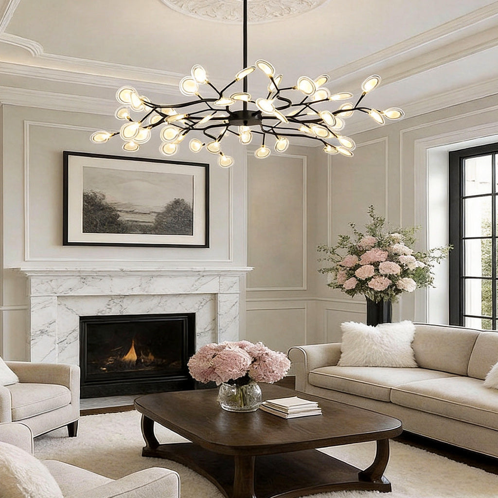 Branch chandelier softly lighting a living room fireplace