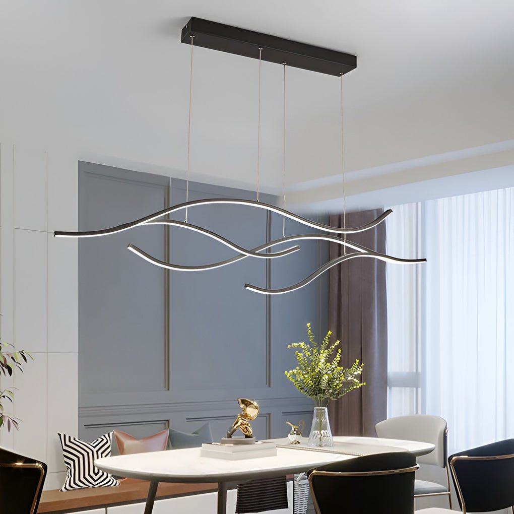 Curved LED Pendant Light, Wavy Linear Chandelier for Kitchen Island and Dining Table, Dimmable Modern Ceiling Light in Black, Gold or Chrome