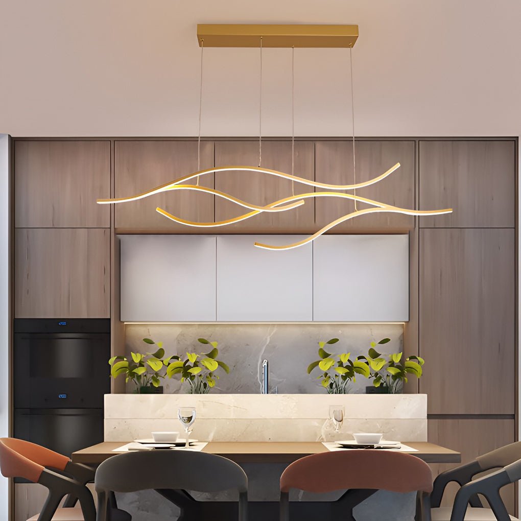 Curved LED Pendant Light, Wavy Linear Chandelier for Kitchen Island and Dining Table, Dimmable Modern Ceiling Light in Black, Gold or Chrome