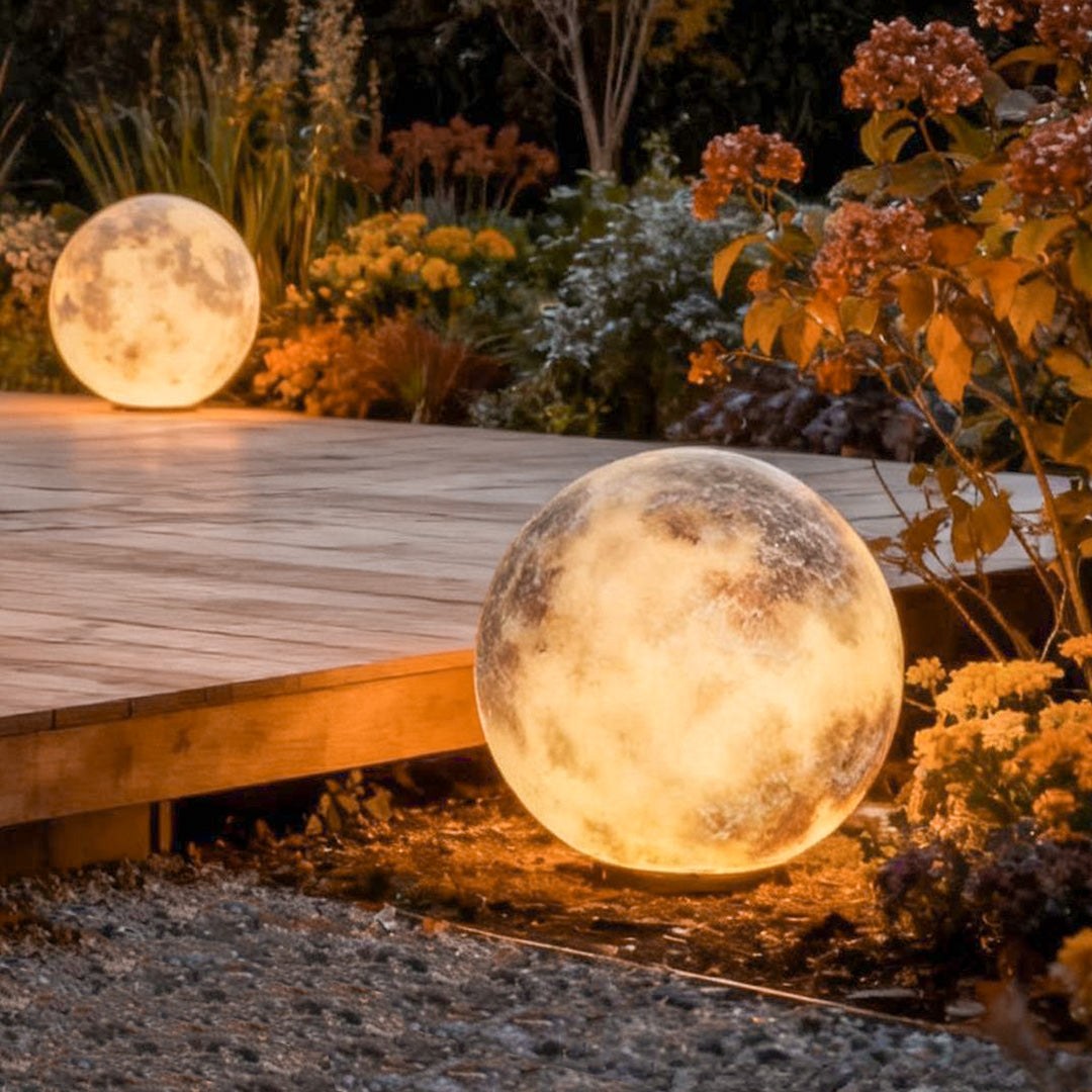 Moon globe light used as decor on a patio deck