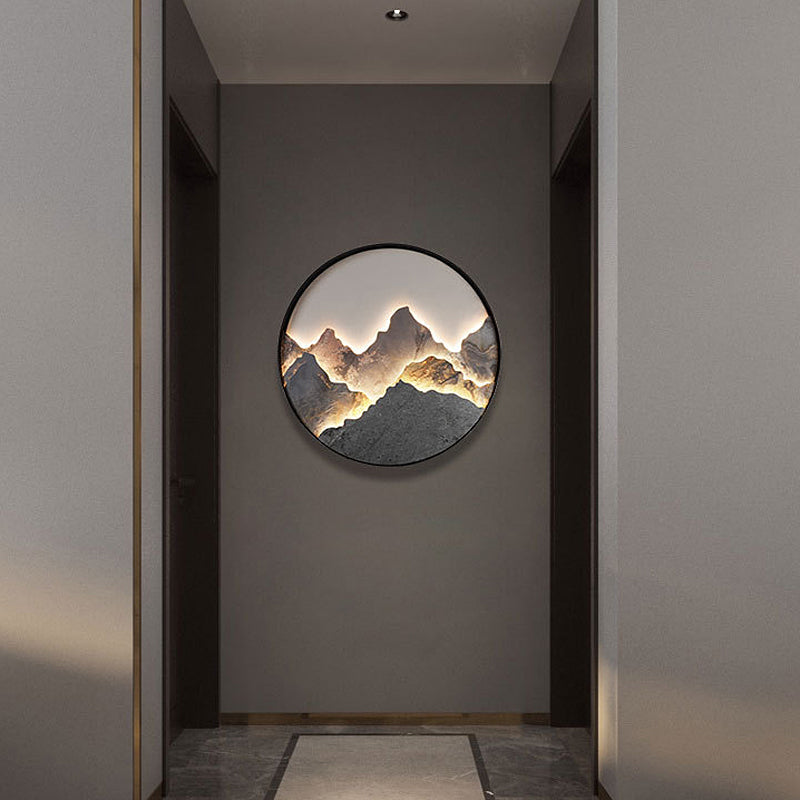 Mountain Wall Light, Natural Rock Slab Landscape LED Art Panel for Living Room and Hallway, 36W Warm Backlit in Black or Gold Frame