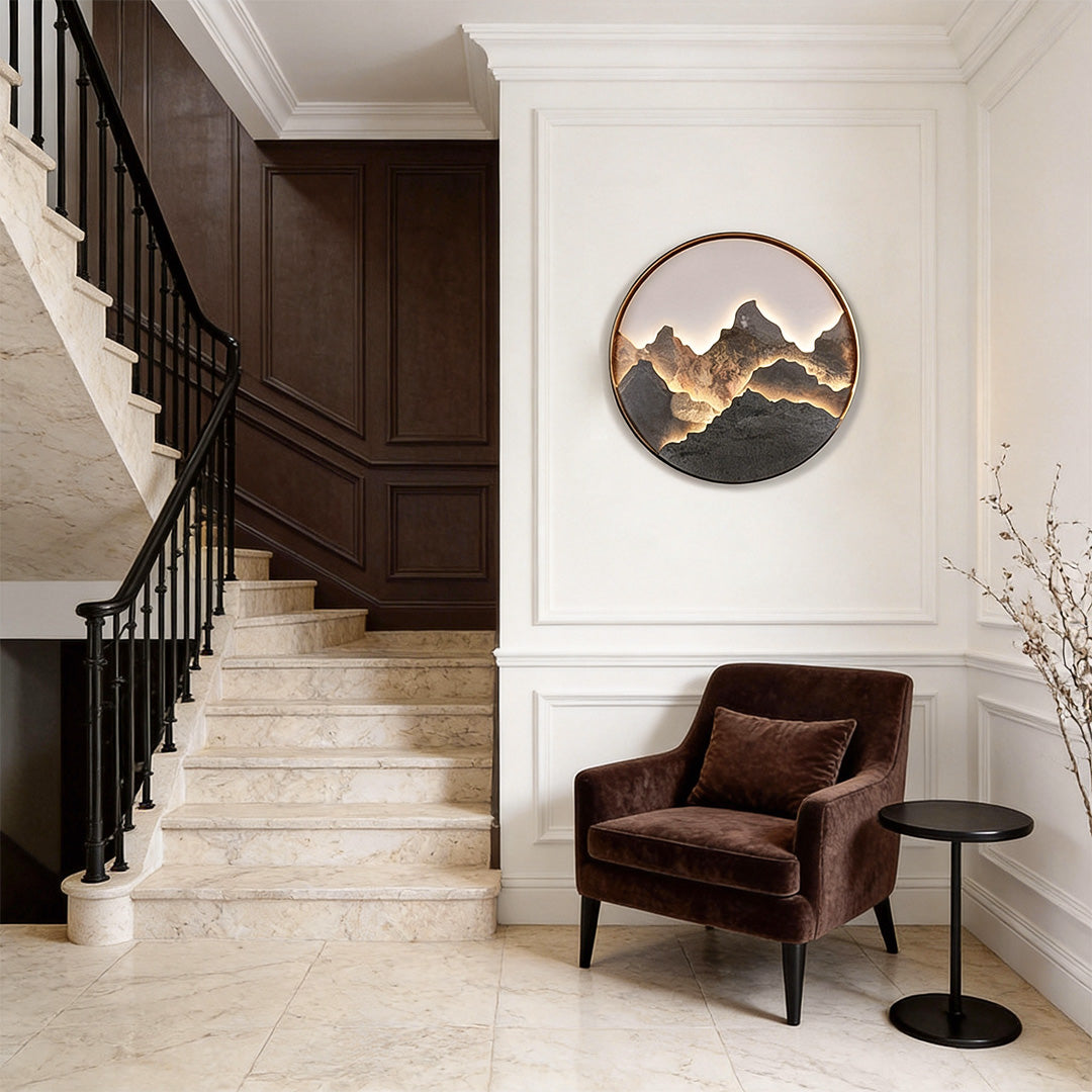 Mountain Wall Light, Natural Rock Slab Landscape LED Art Panel for Living Room and Hallway, 36W Warm Backlit in Black or Gold Frame