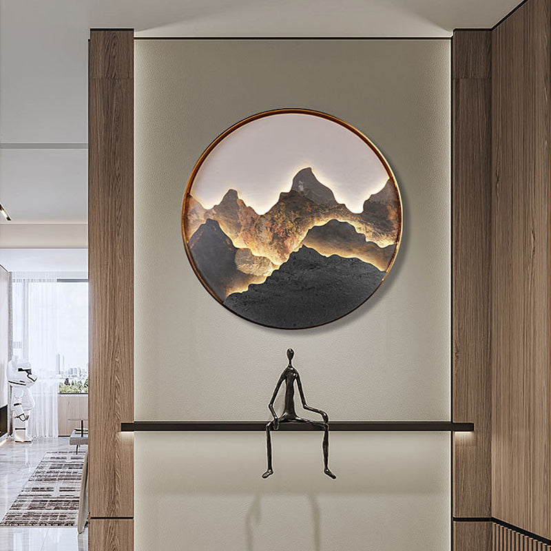 Mountain Wall Light, Natural Rock Slab Landscape LED Art Panel for Living Room and Hallway, 36W Warm Backlit in Black or Gold Frame