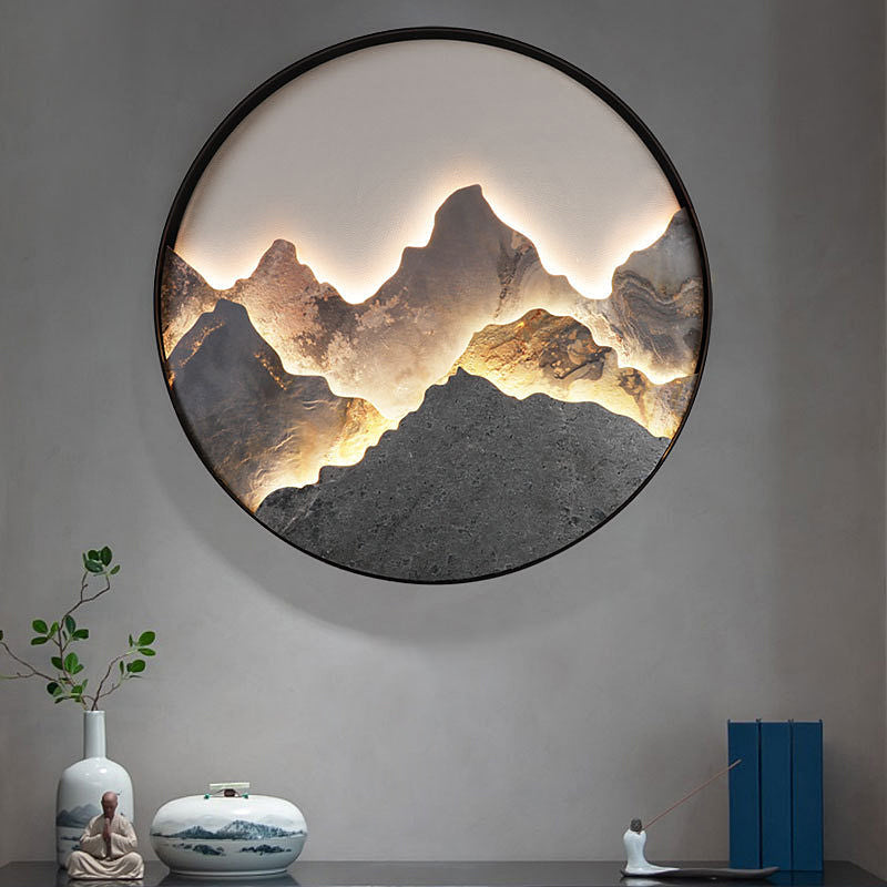 Mountain Wall Light, Natural Rock Slab Landscape LED Art Panel for Living Room and Hallway, 36W Warm Backlit in Black or Gold Frame
