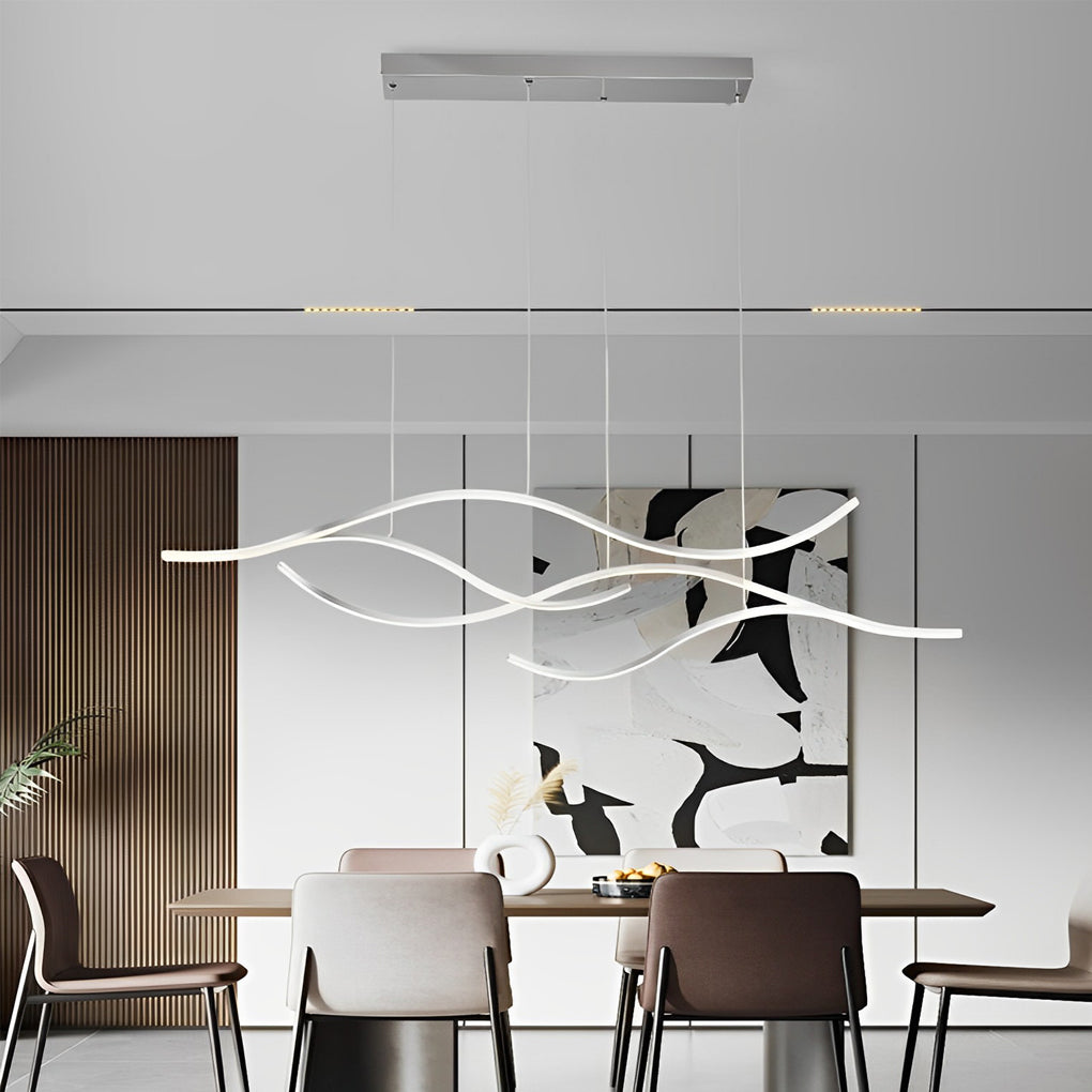 Curved LED Pendant Light, Wavy Linear Chandelier for Kitchen Island and Dining Table, Dimmable Modern Ceiling Light in Black, Gold or Chrome