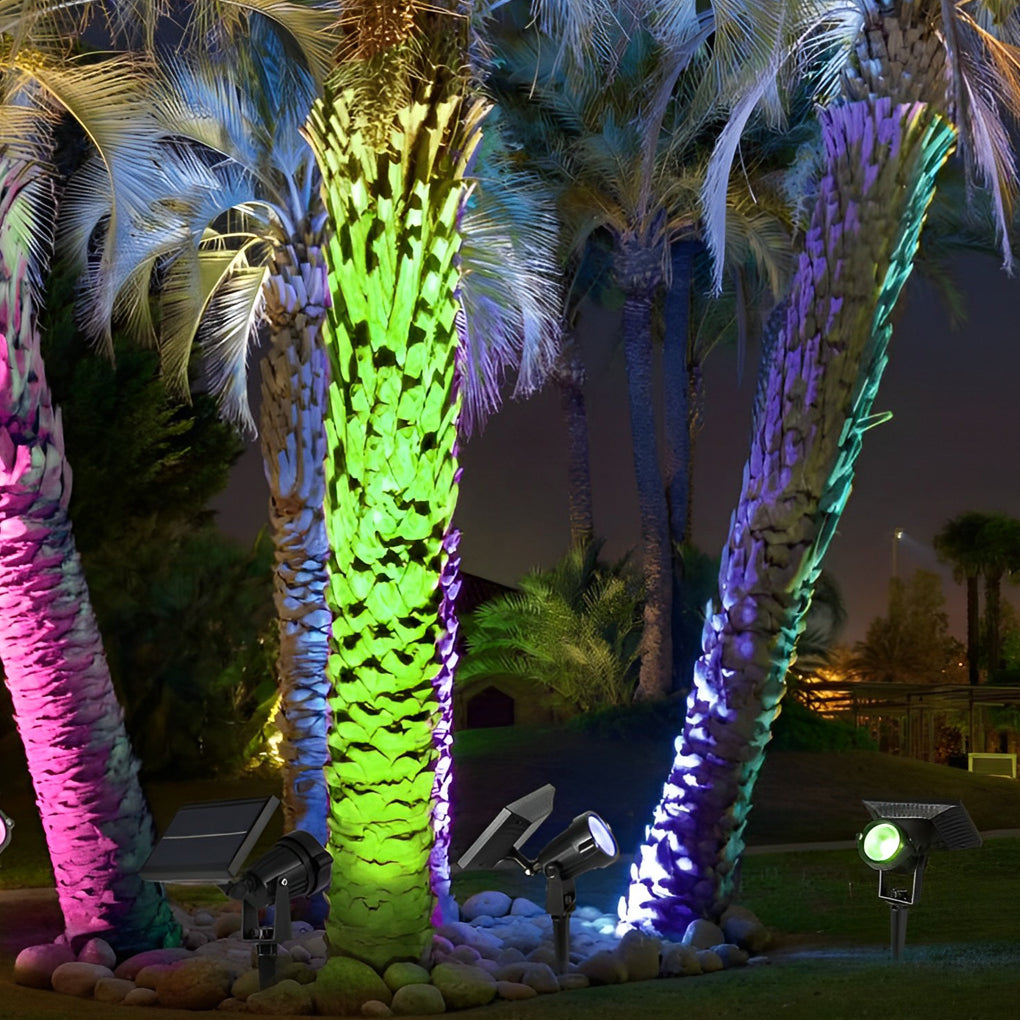 Solar Ground Spike Light, Adjustable LED RGB Spotlight for Trees, Gardens, and Landscape Beds, IP65 with 12-Hour Battery Runtime