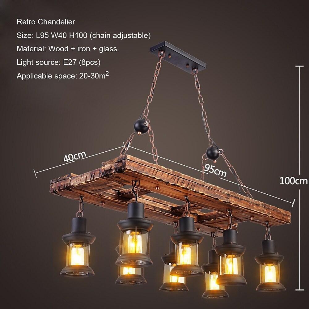 Linear Lantern Chandelier, Wood and Glass 8-Light Ceiling Light for Dining Room, 37 Inches Wide