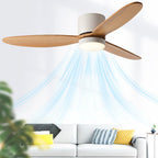 Wood ceiling fan with LED light installed above a bedroom