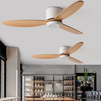 Wood-blade ceiling fan with LED light in a living room setting