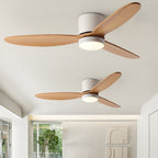 Scandinavian style wood ceiling fan in a bright home interior