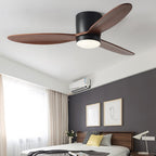 Solid wood fan blades and central LED light panel in detail