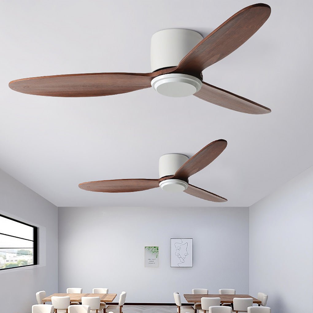 Wooden blade ceiling fan shown with its handheld remote control