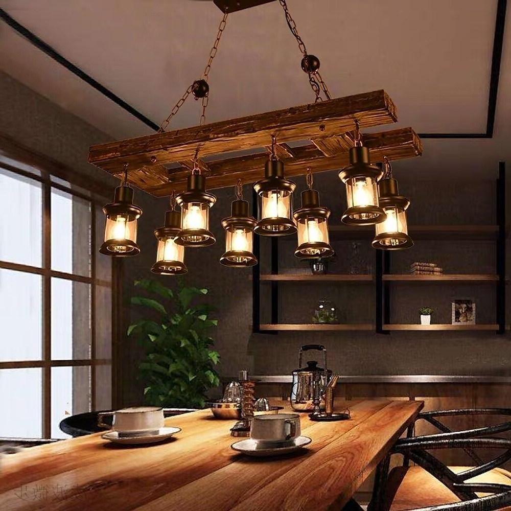 Linear Lantern Chandelier, Wood and Glass 8-Light Ceiling Light for Dining Room, 37 Inches Wide