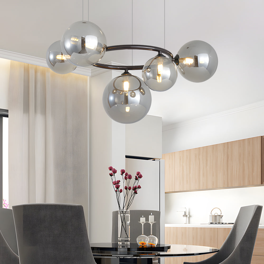 Black opal glass globe chandelier in a contemporary bedroom