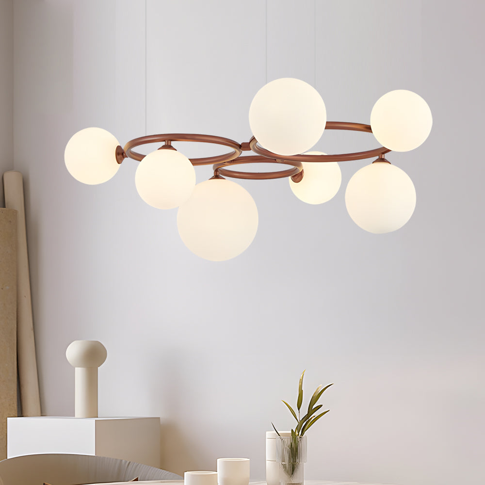 Black framed opal glass globe chandelier in a modern interior