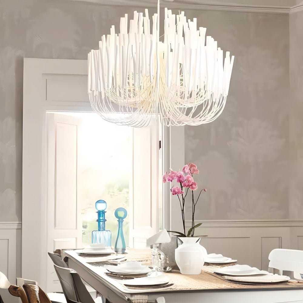 Candlestick Chandelier, White Wood and Iron Ceiling Light for Dining Room, Adjustable Chain