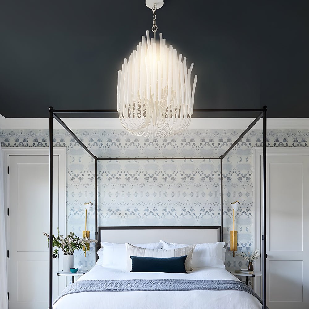 Candlestick Chandelier, White Wood and Iron Ceiling Light for Dining Room, Adjustable Chain