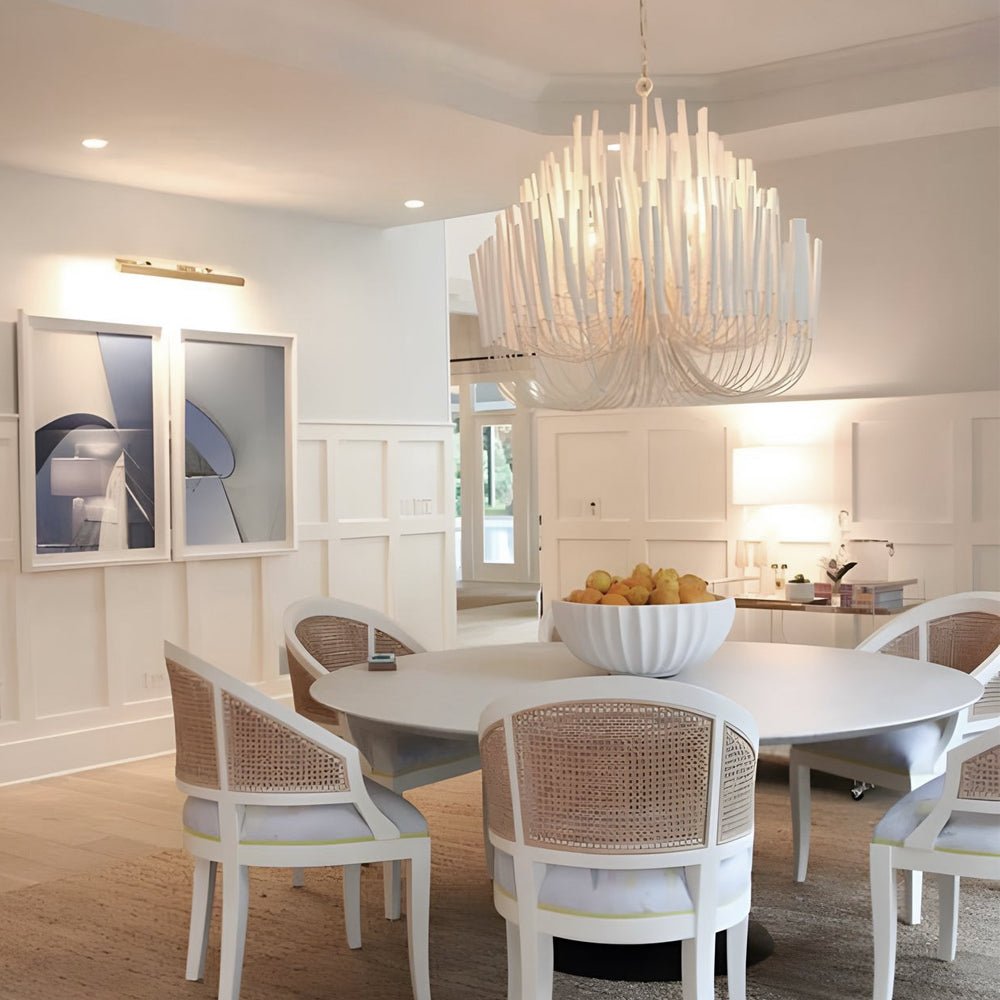 Candlestick Chandelier, White Wood and Iron Ceiling Light for Dining Room, Adjustable Chain