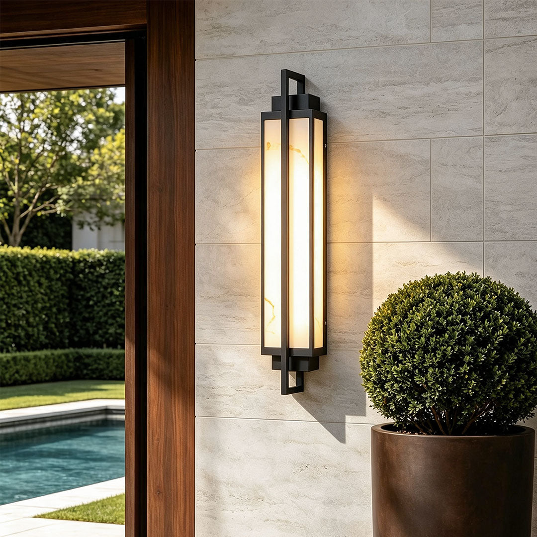 Outdoor Alabaster Wall Sconce, Modern Black Linear Faux Marble LED Light for Facades and Entrances, Three Heights IP65 Rated